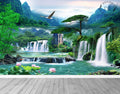 3D High Mountains with waterfall and birds at Sunset Wallpaper Mural