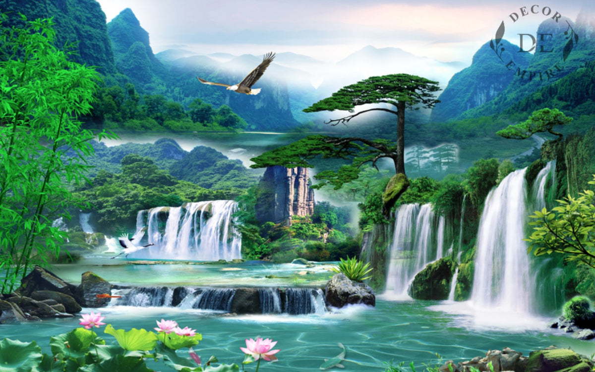 3D High Mountains with waterfall and birds at Sunset Wallpaper Mural