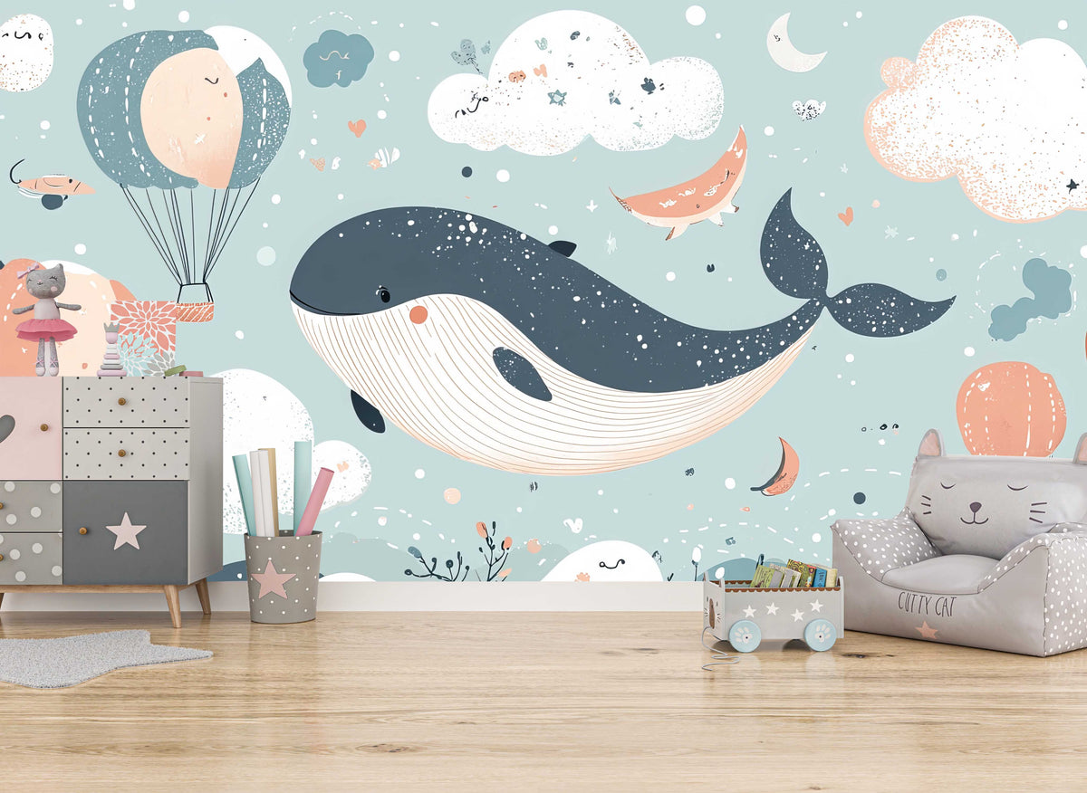 Whale Dreams Pastel Wallpaper Mural for Kids Play Area