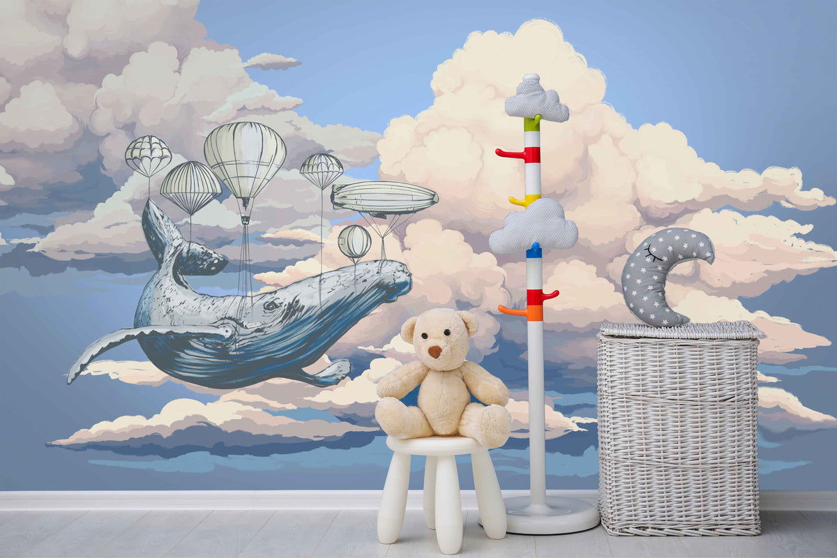 Whale Sky and Air Balloons Wall Mural for Kids Play Area