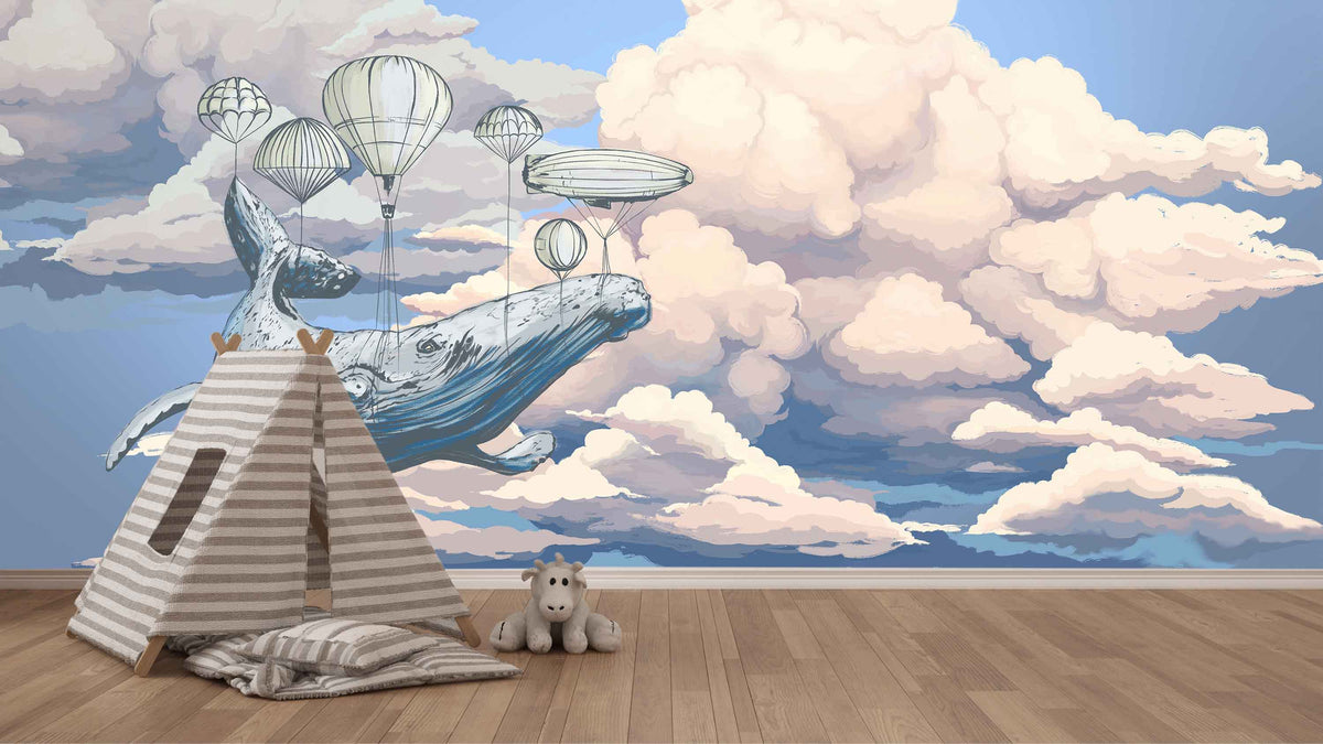 Whale in the Sky with Air Balloons Wallpaper Mural for Kids Area