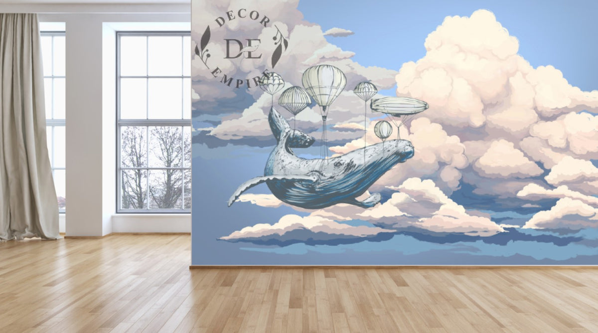 Whale in the Sky with Air Balloons Wallpaper Mural