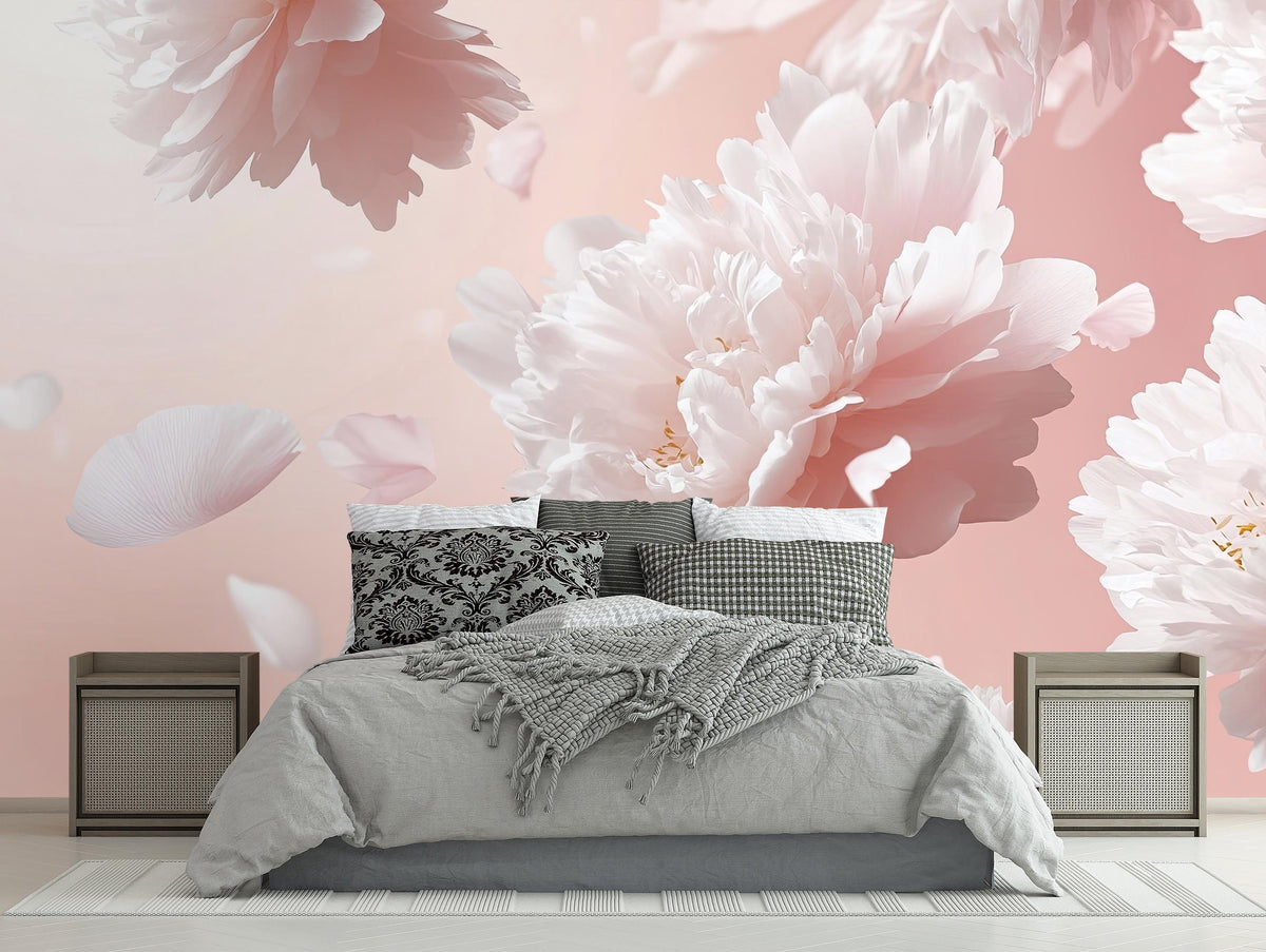 White and Pink Peony Bloom Wallpaper Mural for Bedroom