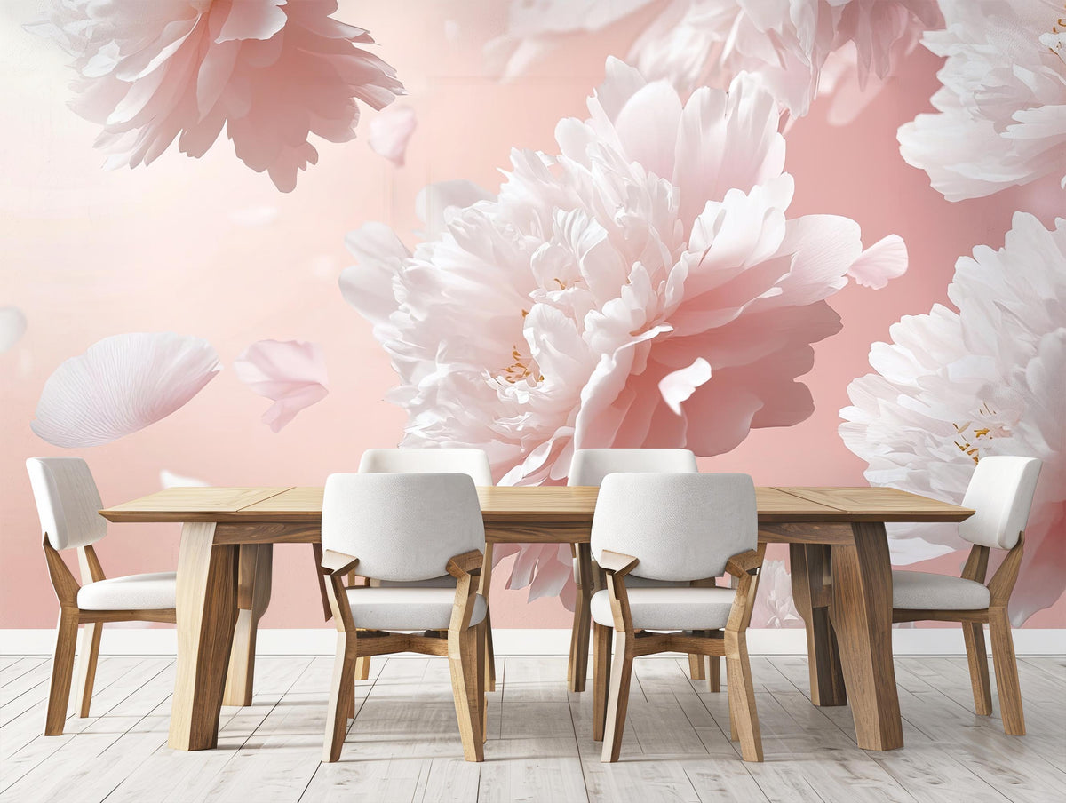 White and Pink Peony Bloom Wallpaper Mural for Dining Room