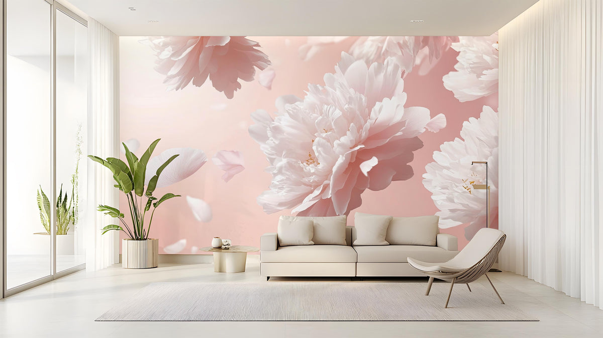 White and Pink Peony Bloom Wallpaper Mural for Living Room