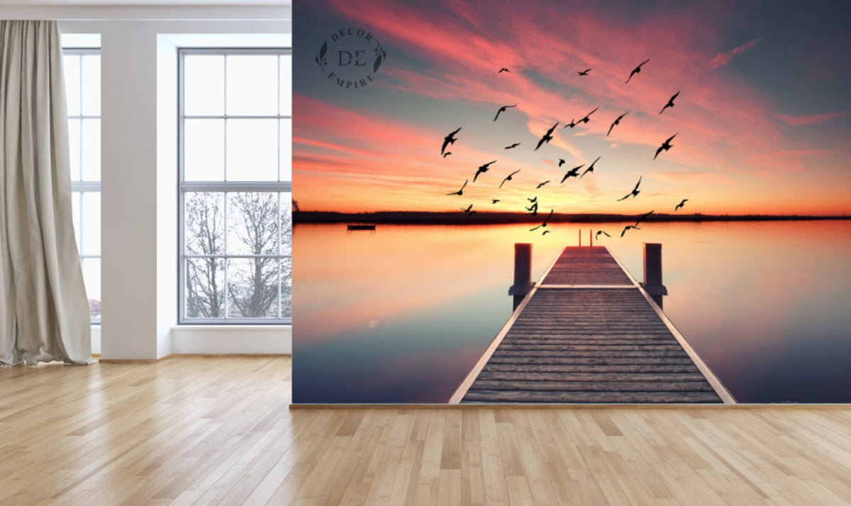 Wooden Bridge on the Lake at Sunset Wallpaper Mural