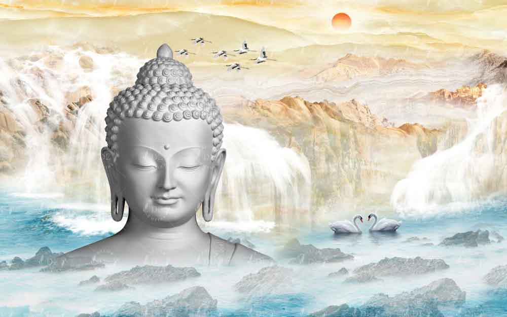 3D Buddha with Lake and Mountains Wallpaper Mural
