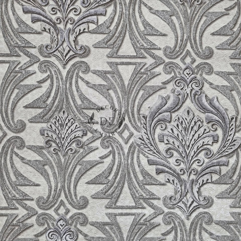 Luxury Heavily Embossed Damask Wallpaper - Silver / Off White - 11029