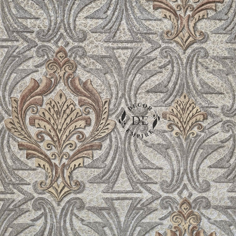 Luxury Heavily Embossed Damask Wallpaper - Brown/ Silver / Light Yellow - 11030