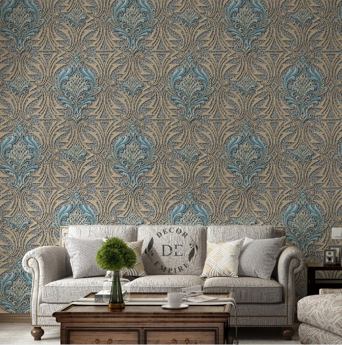 Luxury Heavily Embossed Damask Wallpaper - Blue / Gold - 11031