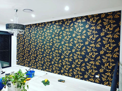 Golden Vines and Black Floral Wallpaper - 11006