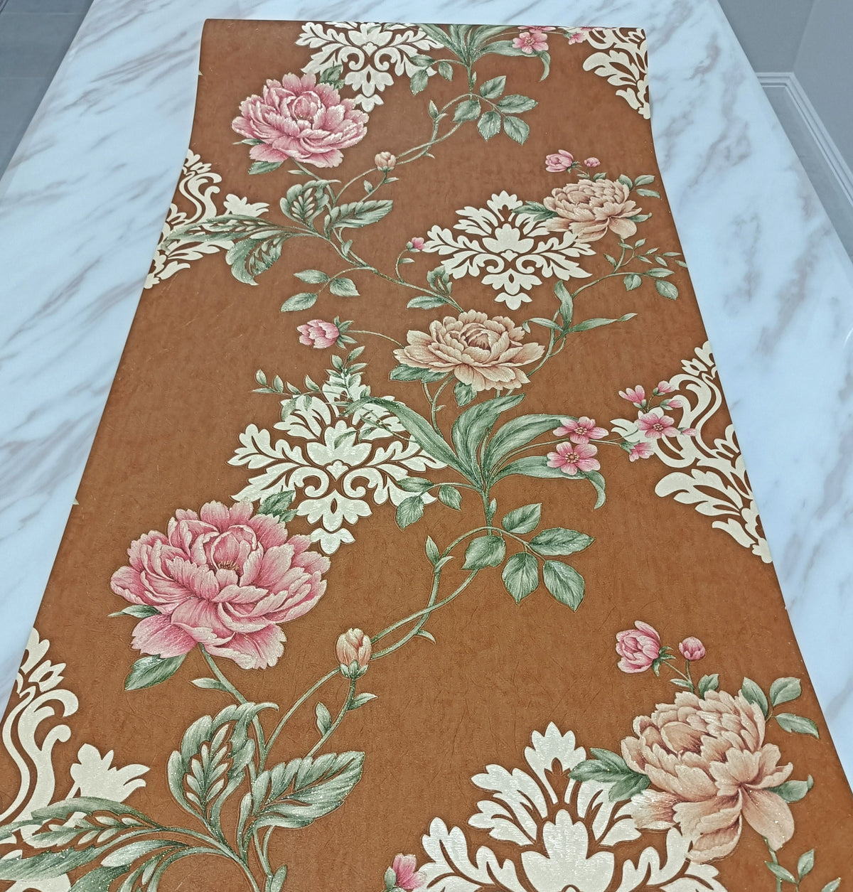 Damask and Floral Wallpaper – Cocoa / Pink / Green