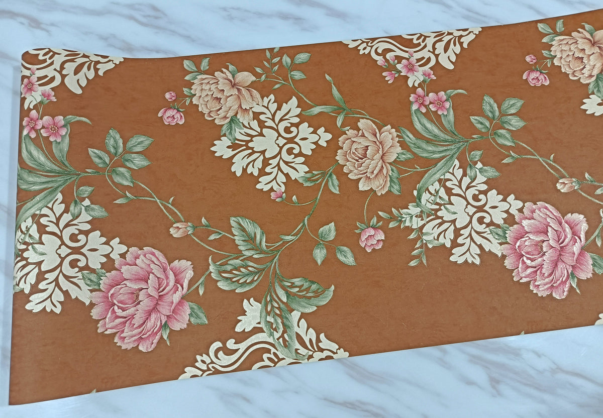 Damask and Floral Wallpaper – Cocoa / Pink / Green