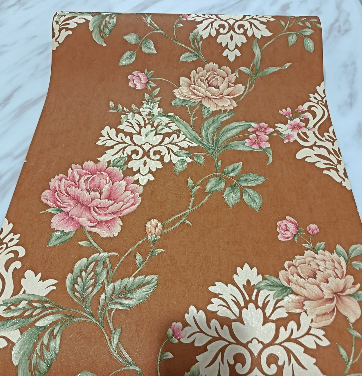 Damask and Floral Wallpaper – Cocoa / Pink / Green