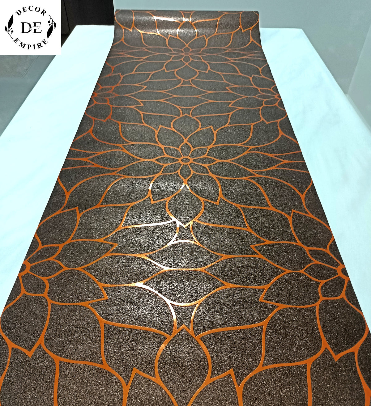 Metallic Floral Wallpaper - Dark Brown and Orange