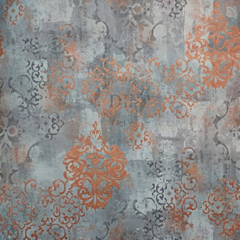 Modern Light Grey and Copper Damask Wallpaper - 11118